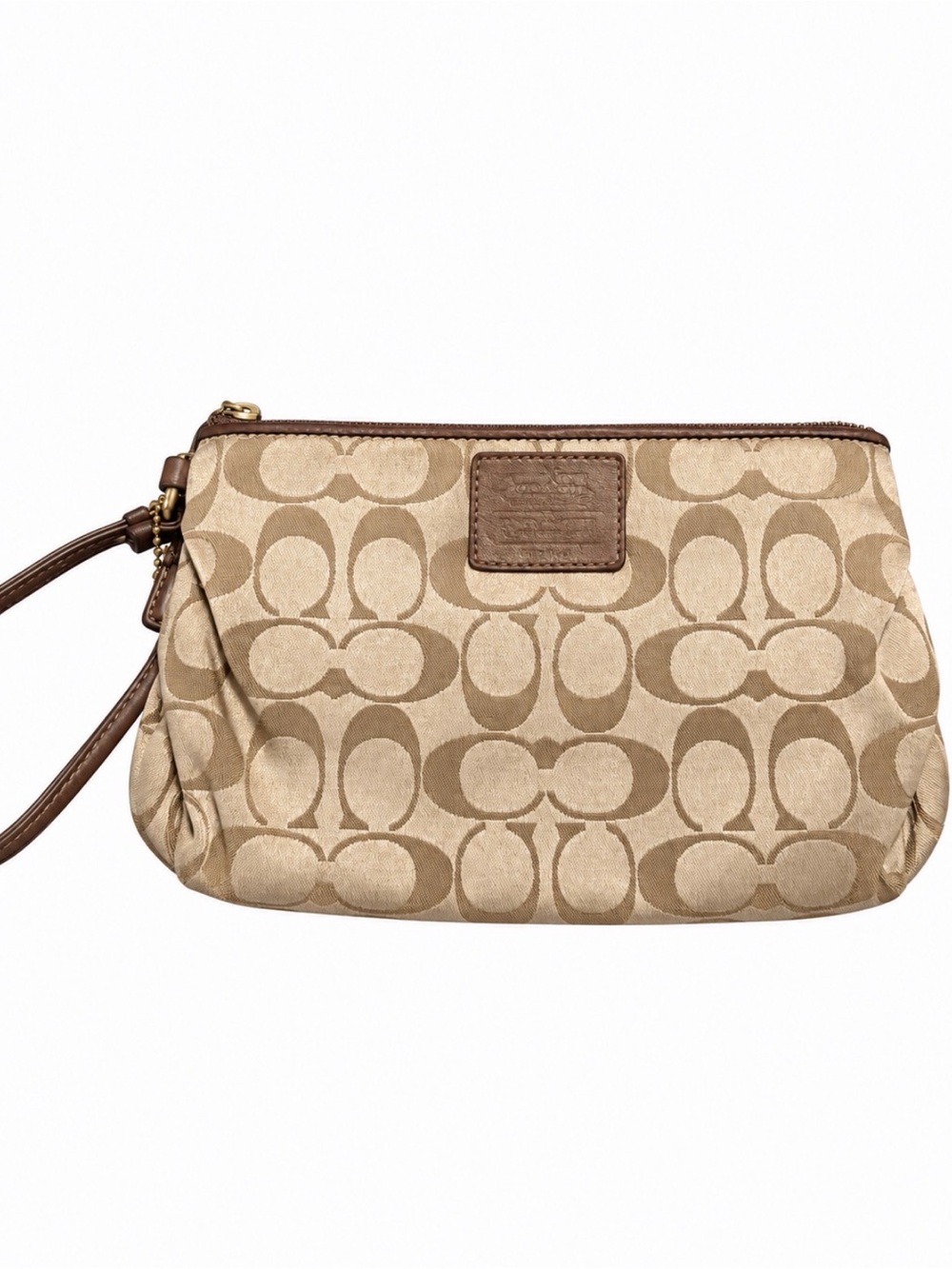 Coach Signature C Jacquard Wristlet Tan Brown Leather Trim Gold Hardware